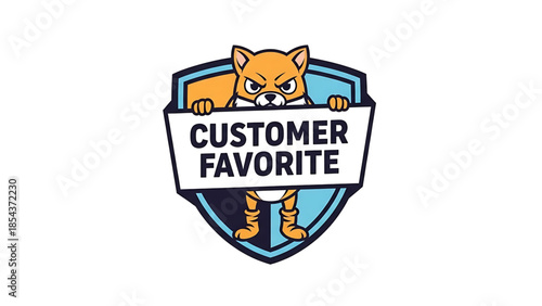 Cartoon orange fox character in a shield badge holding a sign that says customer favorite, representing a popular product or service, isolated on white