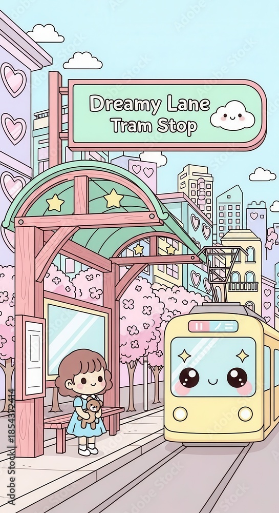 Naklejka premium Adorable child waits for whimsical transit vehicle at a decorated urban station