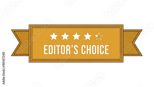Golden ribbon banner with four white stars and one outlined star displaying the text editors choice award