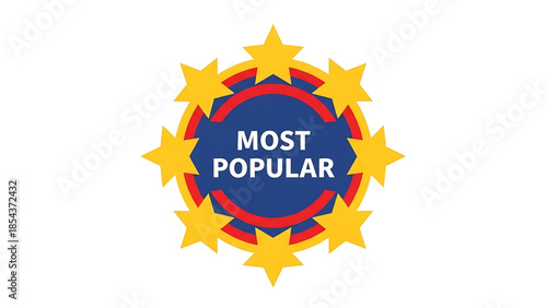Circular badge emblem with yellow stars and red arcs on a blue background, text 'most popular' in white, symbolizing achievement, recognition, and top