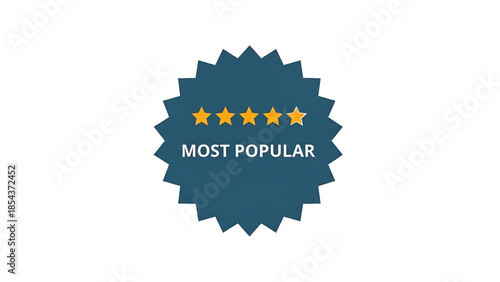 A teal starburst badge with five golden stars and the text most popular displayed prominently, symbolizing excellence and high rating on a white background