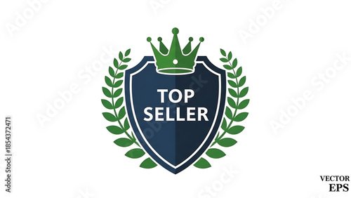 Award winning dark blue shield badge with green laurel wreath and golden crown emblem signifying top seller status and achievement
