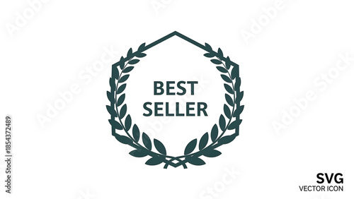 Vector emblem with laurel wreath and text best seller, representing achievement and quality in a hexagonal frame against a white background