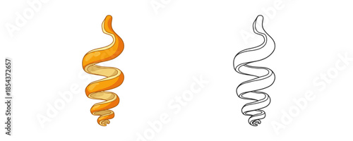 Spiral orange citrus peel illustration and its linear contour drawing showing zest texture for cocktail garnish or culinary recipes design isolated on white background