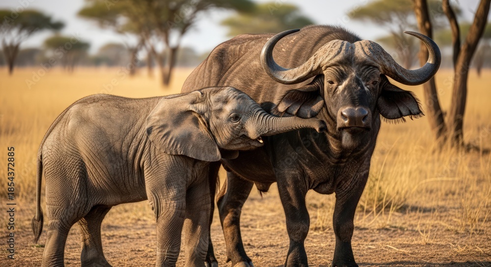 Obraz premium A large bull buffalo stands protectively beside a smaller young buffalo in a savannah with dry