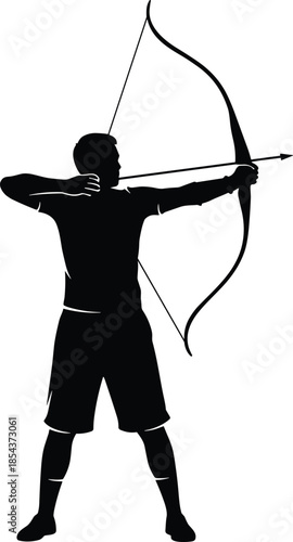 Archery silhouette, bow and arrow stance, sports vector, precision aim, black figure, traditional archery, athletic pose, outdoor activity, competitive focus