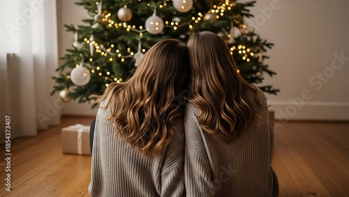 Two people sitting by a beautifully decorated Christmas tree enjoying the festive atmosphere.