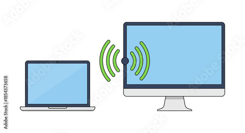 wireless data transfer between laptop and desktop computer simple flat vector illustration of file sharing and device synchronization concept