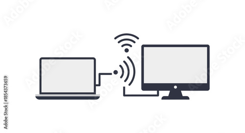 wireless laptop to desktop connection icon showing data transfer and screen mirroring concept for remote work and computer network tutorials