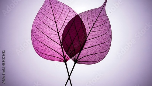 Vibrant Purple Skeleton Leaves with Intricate Veins Backlit Against a Soft Background.