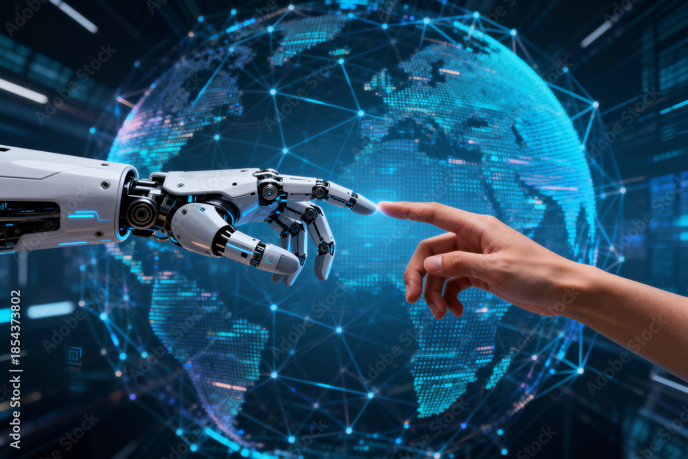 Fototapeta premium Robotic Hand and Human Hand Touching Globe