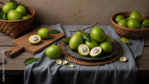 Fresh Green Tropical Fruits on Rustic Wooden Table Still Life.