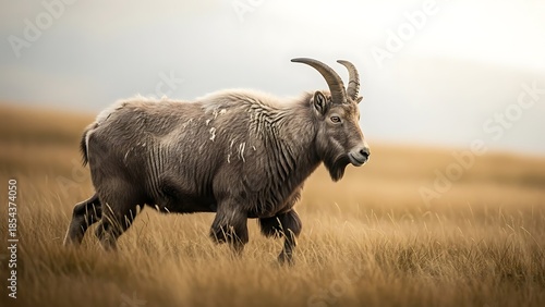 Majestic wild ram with impressive horns walking through a golden grassy field.