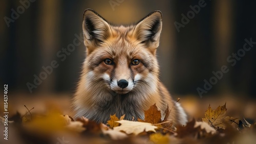 Majestic Red Fox Resting Among Golden Autumn Leaves in a Serene Forest Setting.