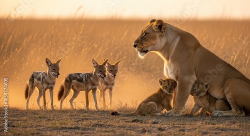 A lioness and her cubs interact with spotted hyenas in a savannah at sunset with warm, golden tones.