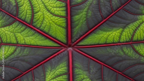 Close up of a vibrant green leaf with striking red veins and intricate natural pattern.