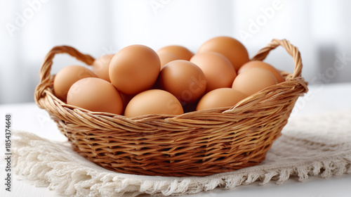 Wicker basket filled with many fresh brown eggs isolated on white background, rustic farm produce concept, natural organic food ingredient for cooking and baking.