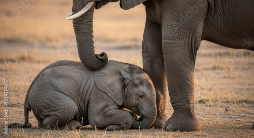 A serene scene of an adult elephant gently touching a resting baby elephant with its trunk in a