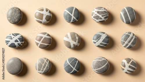 Smooth grey pebbles with white abstract patterns arranged on a light beige background.