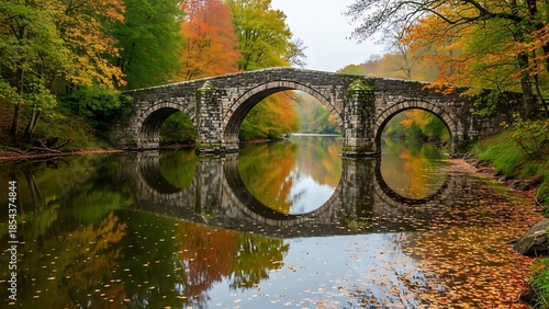 Picturesque old stone bridge with vibrant autumn trees reflected in tranquil river.