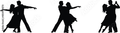 Ballroom dance couple silhouette vector, elegant poses, synchronized movement, black and white contrast, romantic choreography, expressive posture, graceful motion, artistic style