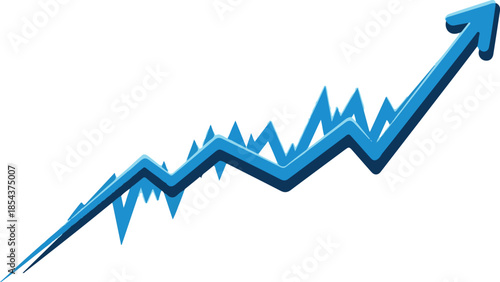 A blue upward trending line graph showing growth and market volatility