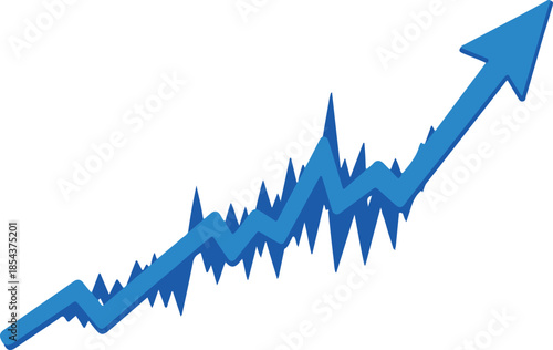 A fluctuating blue graph line transforms into a large upward arrow, symbolizing growth and progress