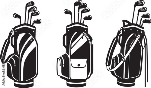 Three black and white illustrations of golf bags containing golf clubs in a simple style
