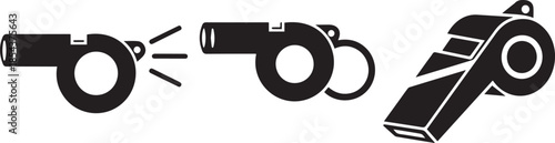 A set of three different whistle icons in black and white silhouette design