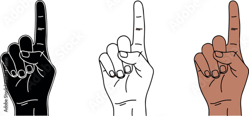 Three illustrations of a hand showing one finger up, representing the number one