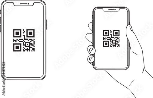 Line drawing illustration showing a qr code displayed on a smartphone screen and being held by a hand