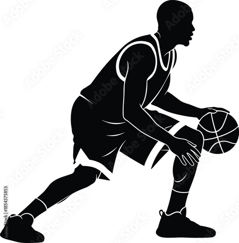 Basketball player silhouette dribbling ball, professional athlete action pose vector illustration, sports competition graphic isolated on white background for team branding and posters,