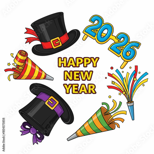 Happy New Year celebration with party hats and fireworks