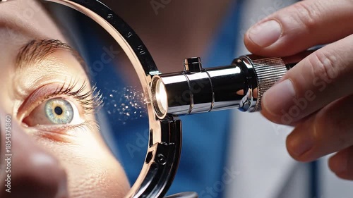 Close-up of a person's eye undergoing examination with a specialized ophthalmic instrument and light source.