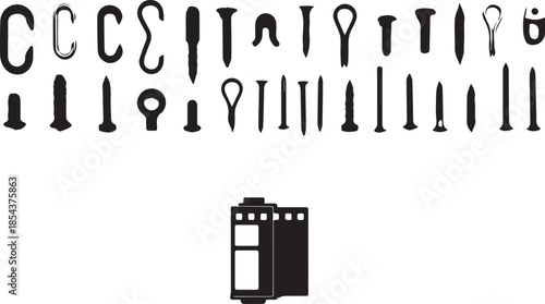 A minimalist collection of various hardware silhouettes including nails, screws, and hooks on white background