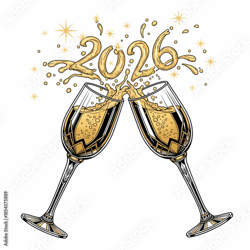 Celebrating New Year 2026 with champagne glasses clinking
