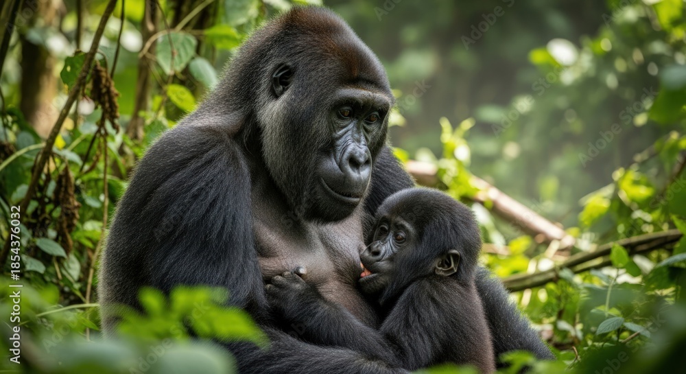 Obraz premium A gorilla tenderly holds a baby gorilla in a lush forest with dense green foliage.