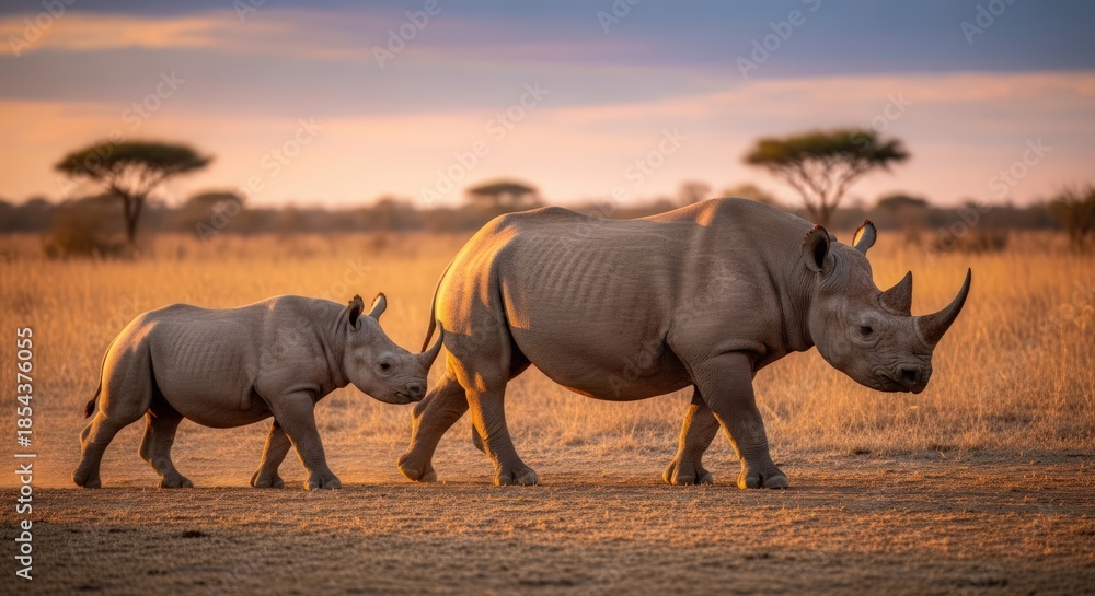 Fototapeta premium A large adult rhinoceros and a smaller young rhinoceros walking side by side in a savannah at