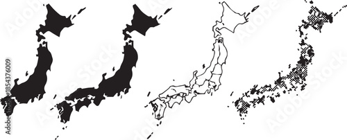 Various stylized map representations of japan showcasing different outlines and internal divisions