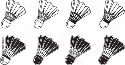 Black and white collection of badminton shuttlecocks in different line art and silhouette styles