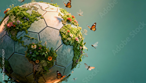 A stylized soccer ball adorned with nature elements (flowers, moss, greenery) and butterflies, symbolizing eco-friendliness and the harmony between sports and the environment.
