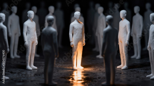 A singular illuminated figure stands amid numerous pale, abstract mannequins, creating a stark contrast in a dark, moody scene. Emphasizes individuality, identity, and artistic expression.