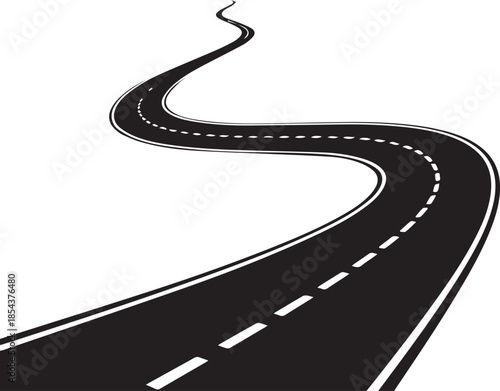 A minimalist black and white illustration of a winding road disappearing into the distance