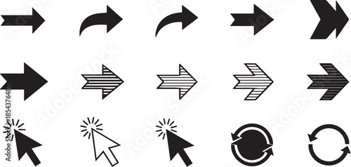 A set of various arrow, cursor, and refresh icons for user interface design