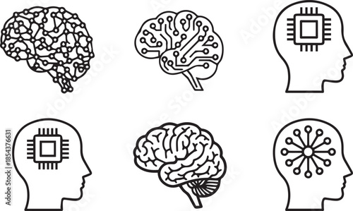 A collection of artificial intelligence and human brain technology icons for modern concepts