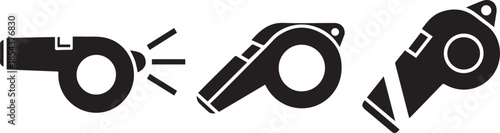 Simple black silhouette illustration of different whistle icons for sports and signaling
