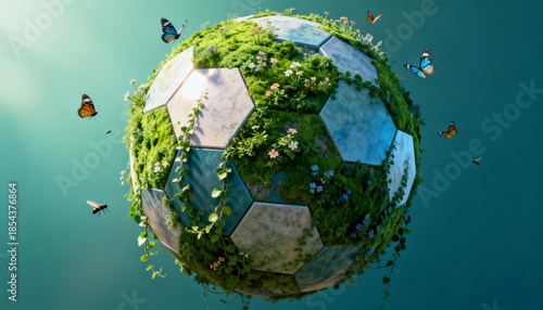 A soccer ball is transformed into a miniature ecosystem, covered with greenery, flowers, and butterflies, symbolizing environmental harmony and sustainable living.