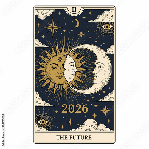 Mystical tarot card for 2026 with sun and moon faces