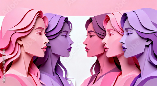 Five stylized women in profile view, created with paper art illustration technique. Colorful pink and purple tones, abstract and minimalist composition emphasizing feminine beauty and diversity.