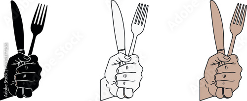 Illustration of a hand holding a knife and fork in three styles: silhouette, outline, and color
